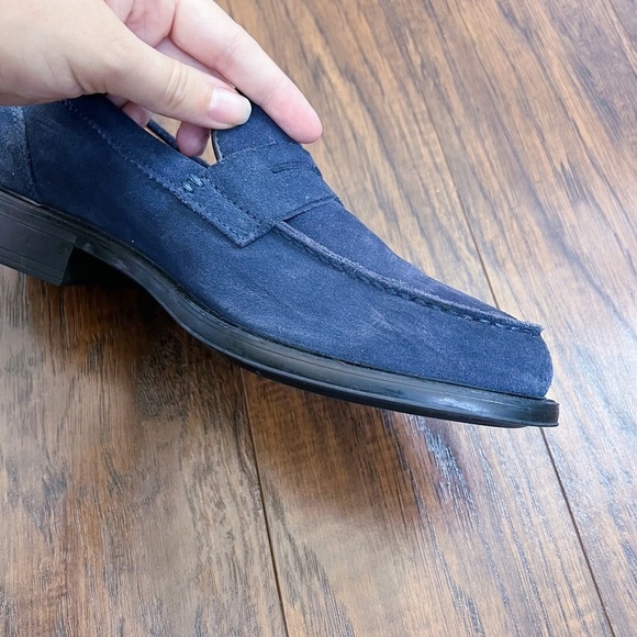 Aquatalia • Neil Loafer slip on weatherproof navy blue suede leather penny - Picture 9 of 12